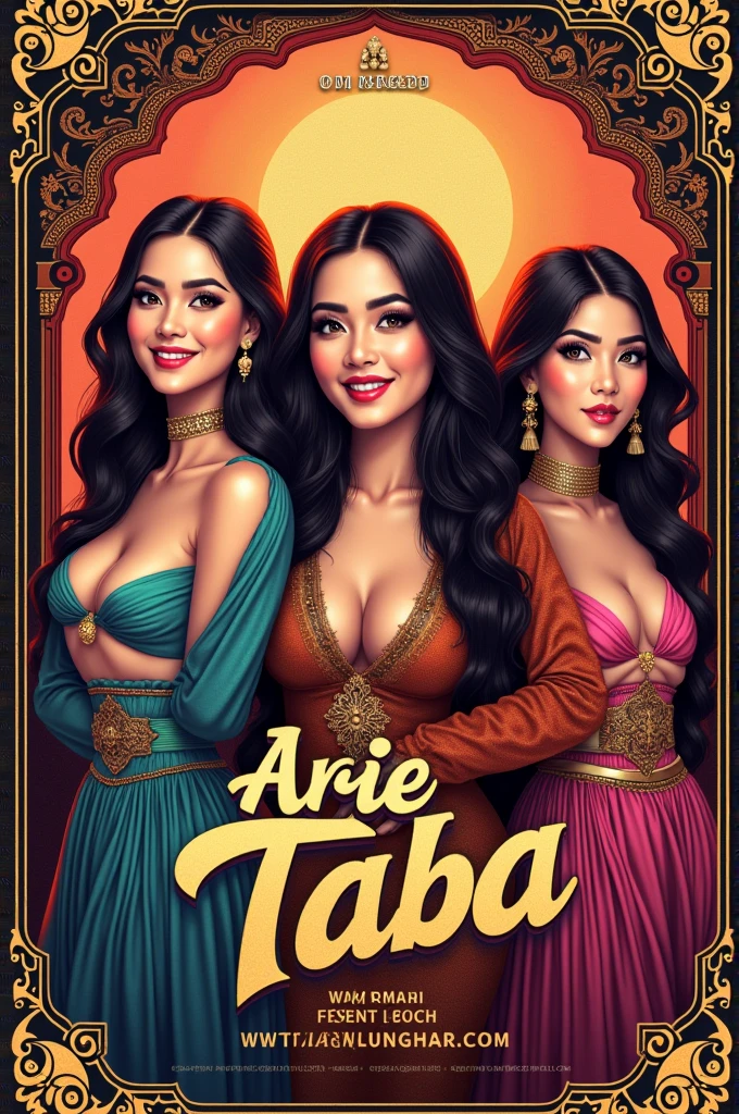 A lively and colorful album cover featuring the title "Arie Taba (Koplo Version)" by Om Ngadi. Four stunning female singers are prominentlydisplayed, each dressed in alluring and vibrant outfits, showcasing their confidence and beauty. The background showcases traditional Indonesian dangdut elements, with intricate patterns and a touch of gold foil. The overall atmosphere is energetic and festive, celebrating the unique blend of traditional Koplo music and modern sensibilities.