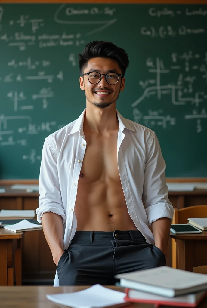 Asian man ,(hot,sexy,attractive:1.2),hunky male professor with hairy muscles,button-up shirt torn open,suit pants,full,thick,wear shirt, open chest shirt, showing off body, toned abs and full chest,big dick,pubic hairs, clean-shaven with neatly cut,sitting on classroom desk,confident gaze,classroom setting,blackboard with equations and formulas,vibrant chalk colors,academic books and papers scattered on desk,messy hair,dedicated to teaching,lewd smile,lots of student attention,dreamy atmosphere,serious yet approachable vibe,HDR,ultra-detailed,physically-based rendering,sharp focus,vivid colors,wear glasses,six pack ,sexy poses