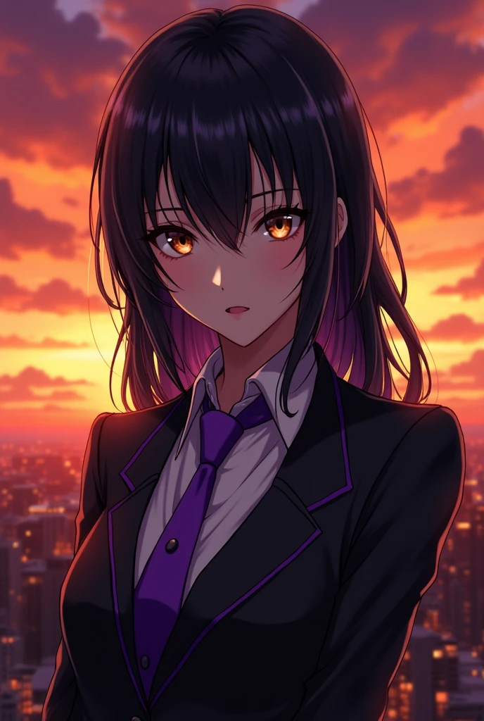 An anime character that looks nice and dangerous with medium-long black hair and light brown eyes with a Soujiro Joshima style suit, the character's suit color is black with purple, Lance Crown hair style and a Dazai style eye design with a background of a red, orange and yellow sunset landscape.