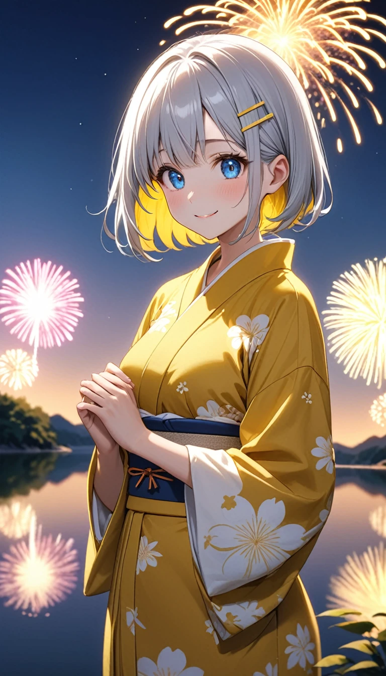 standing in front of a lake with fireworks, Silver bob hair with golden inner color and blue eyes、A cute character wearing a plain yellow yukata with a white obi。There is a yellow hairpin in her hair.、smile。Light up your face in a dimly lit atmosphere。Emotional atmosphere。