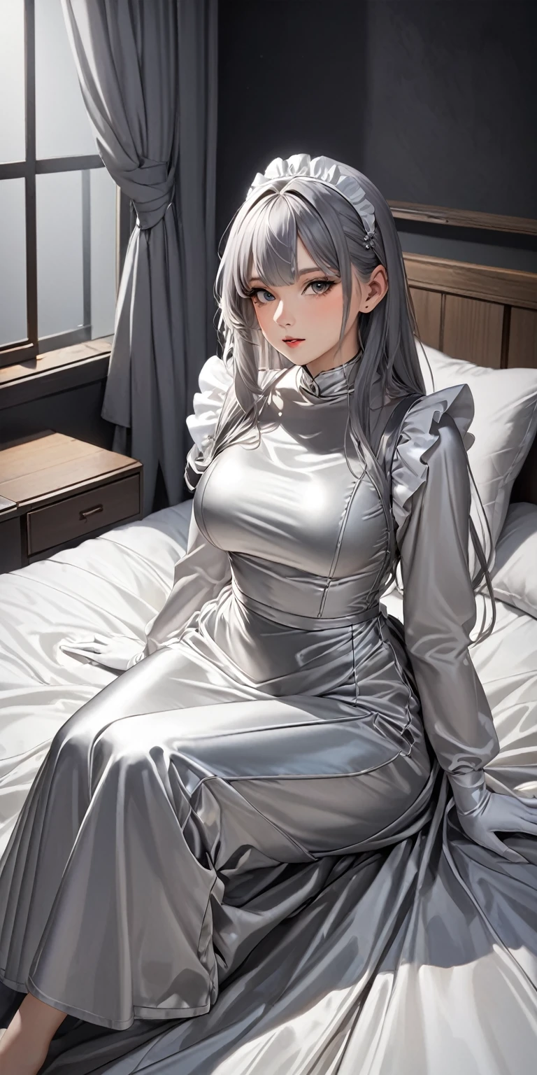 Portraiture、(masterpiece,Highest quality,Ultra-high resolution),Japanese women,breasts are slightly larger、 (((Very beautiful 25 year old girl)))、(She is wearing a shiny light silver satin long sleeve maid outfit)、The dress has a simple design without any patterns.、(((A long skirt made of pale silver satin.)))、Pale silver satin gloves、((Pale silver satin bodysuit))、Sitting on a bed in a dark room、