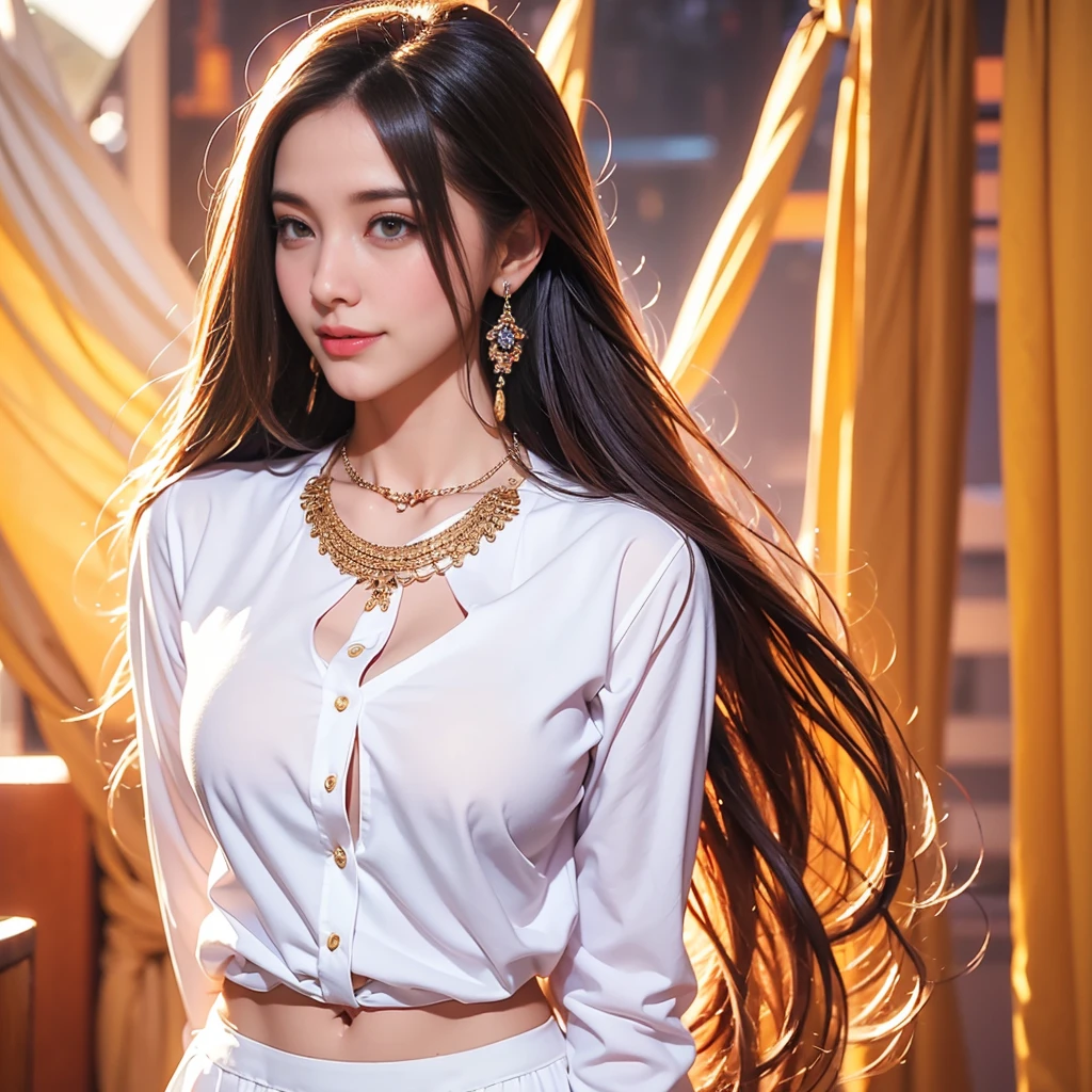 24 year old beautiful girl, Big eyes, huge Breasts, thin, 8k, highest quality, (Very detailed head: 1.0), (Highly detailed face: 1.0), (Very thin hair: 1.0), (Korea school uniform:1.2), ( school brazer:1.2), (white shirt:1.2), (mini tight skirt:1.2), High-resolution official artwork, Anime Moe Art Style, Beautiful and detailed anime art, smile, Blonde, Long straight hair_Hair reaching down to the waist、full figure supermodel standing, entire body in frame、gold necklace_Large earrings,fullbody shot、
