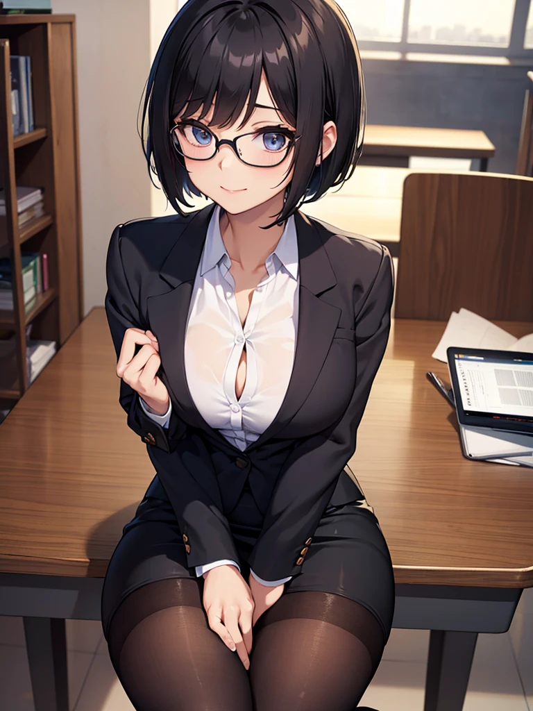 masterpiece, best quality, high definition images, atmospheric perspective, expressive eyes, perfect face, ultra detailed, solo,  1mature seductive woman while undressing, sitting on desk, alluring pose, sexy, black short bob hair, simple glasses, calm smile, shy, female teacher, business suit, jacket, blouse, pencil skirt, tight mini skirt, lifting skirt, spread legs, black panties, curvy, thighs, pantyhose, high heals,  in study room,