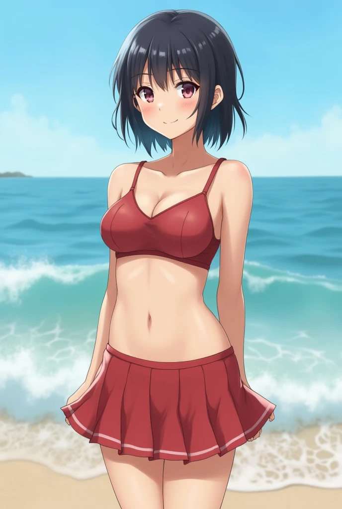 the highest quality, masterpiece, (Realistic:1.4), Raw photo,(_girl:1.5),(thighs_shot:1.3),(school_summer_skirt:1.5),(bra:1.3),(flat_chest:1.3),smile,bangs,beach,ocean,short_hair,standing