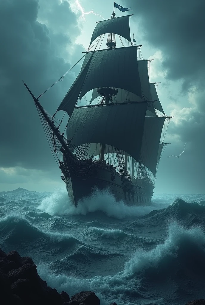 Huge old pirate ship with black flags in rough sea with thunderstorms