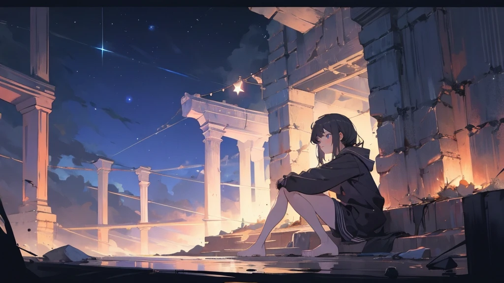 masterpiece,night,(dark alley),star、Night Sky、milky way、octone、
(1. Female), (solo), Knee hugging sitting,acousticguitar