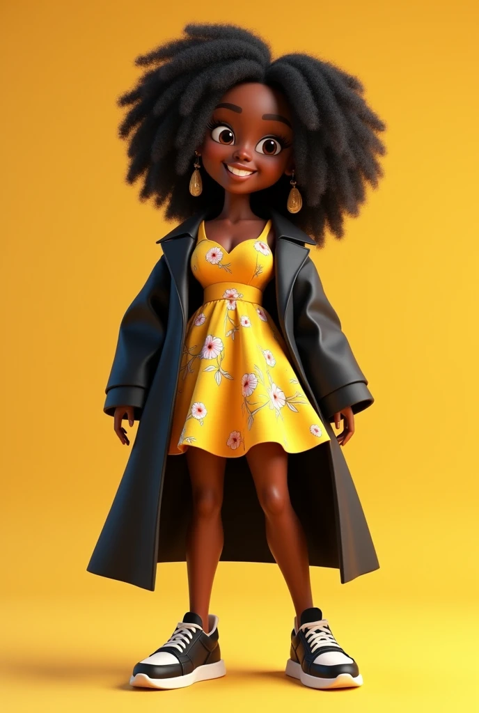 A highly detailed 3D African American woman. Full body image. Pixar, Disney like. Plain background. A social media influencer wearing a beautiful round flower dress yellow sneakers and a black coat