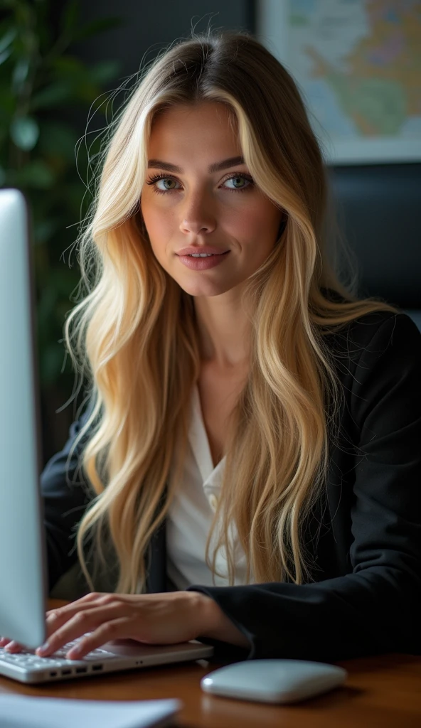 a beautiful girl with long blonde hair, detailed eyes, nose, and lips, wearing  professional outfit, siting in her office, using her computer, hp comuter (best quality,4k,8k,highres,masterpiece:1.2),ultra-detailed,(realistic,photorealistic,photo-realistic:1.37),HDR,studio lighting,extremely detailed face and body, portrait,cinematic lighting,dramatic lighting,warm color tones,dramatic colors