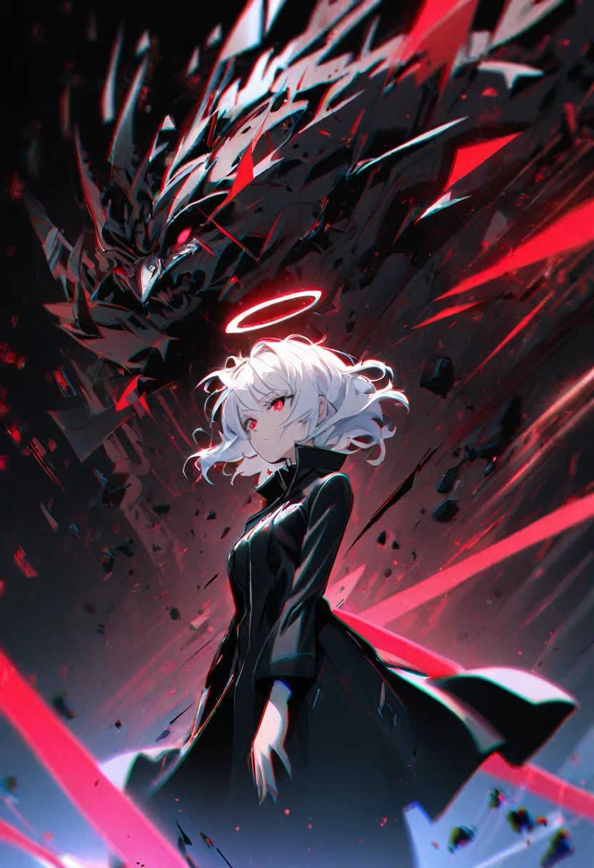1girl, white hair, wild hair, red eyes, (white eyelashes:1.2), emotionless, red glow halo, mature, black coat, short hair, (chromatic aberration:1.2), reality break, destruction city, solo, (evil godness:1.2), digital dissolve, dynamic pose