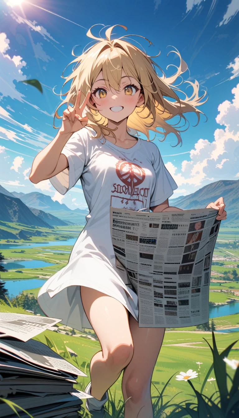 ((best quality)) , ((masterpiece)) , (detailed),Asuna Yumura from Kyo Stafford's "Sınızen no Eisetsu" in a white t shirt with the word 'O书法家' on it, smiling and doing a peace sign pose, posing against a wall of colorful newspaper clippings, with long blonde hair and brown eyes in a full body shot, in the style of anime.，((messy hair)),(grassland),(yellow eyes),incredibly absurdres,(gold hair),floating hair,Large number of environments,the medieval ,grace,prospect,water eyes,wind,breeze,god ray,lawn,Mountains and lakes in the distance,The sun shines through the trees,A vast expanse of grassland
