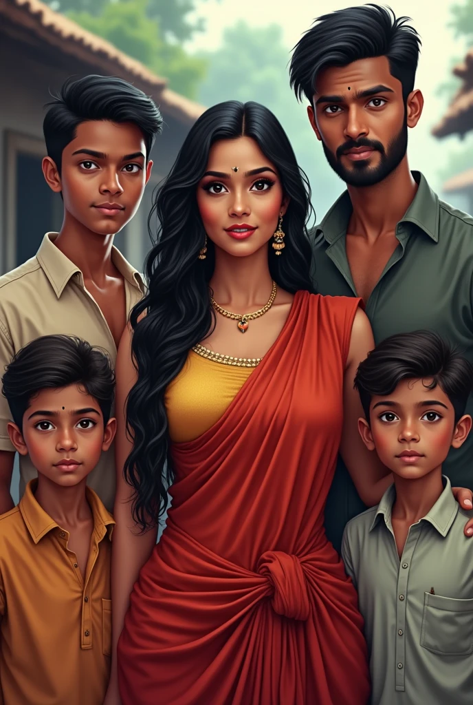 I want to create a family picture of a housewife who very sexy in saree with her husband Raju, whose physical features are mentioned below, he is shorter than his wife and their two children named Pratham and Sanket who are adopted and very handsome. I want this picture to look very sexy and hot, the setup should be of village and they are not rich so keep it desi. Saroj is milky white and she is super curvy and sexy.
Make it realistic and hot and sexy
1. Background and Family:
- Saroj is a 30-year-old young married woman living in Ballarpur, a town near Chandrapur, India, specifically in Saibaba ward.
- She has two adopted sons, Pratham and Sanket, who are protective of her.
- Her husband, Raju, is responsible and caring, though she desires a physically stronger partner but Raju is same height as Saroj and Raju is not strong, he is slim..
2. Physical Appearance:
- Saroj is 5'7" tall, very beautiful, with a curvy, plump body typical of Indian beauty her body resonates with the body of Kylie Jenner, though she is curvy in plump and chubby way.
- She often wears sarees draped below her navel and perfectly around her waist and wears a different style of belly/waist chain around her waist.
- She has her belly navel pierced to look nice in sarees.
- She has long black hair, with her eye color being between brown and black.
- She has a beauty spot on her chin, which adds to her charm.
- Her figure is described as voluptuous, and she maintains it through working out and belly dancing.
3. Personality and Interests:
- Saroj is innocent but enjoys flirting when she receives attention, especially from men in her neighborhood who admire her saree style.
- She likes makeup, belly dancing, singing (with a beautiful voice), and elegant things.
- Saroj is innocent, beautiful, down-to-earth, optimistic, loving, romantic, and has a wild side.
- She has a rational thought process, eloquence, and is confident with her body.