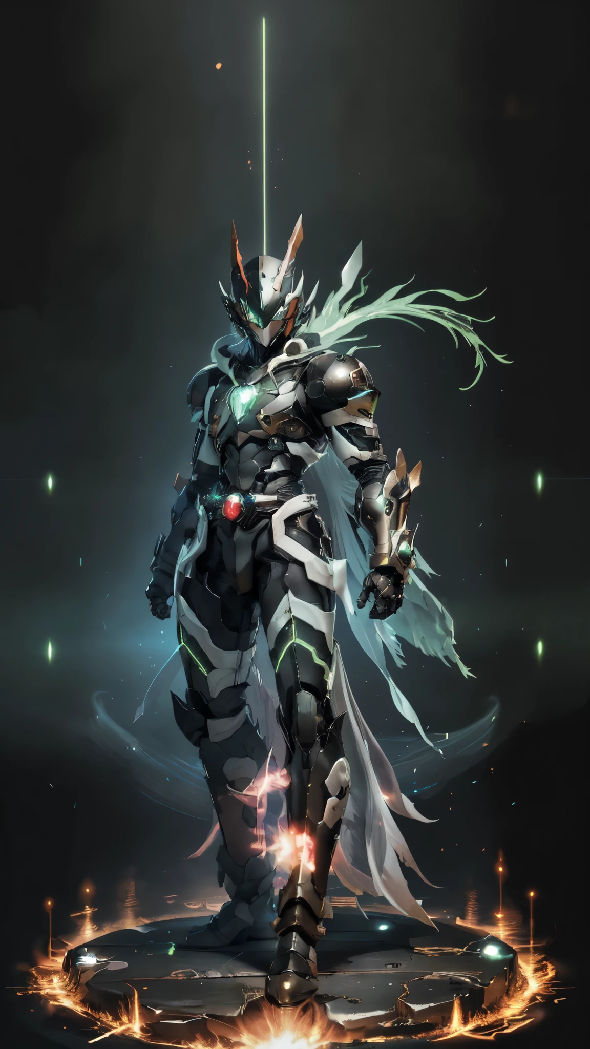 (masterpiece:1.5, best quality:1.5, extremely delicate:1.5, superhero pose:1.5), a man wearing a full-face helmet, a fantasy-style biotech armored combat suit, green eyes, (a composite layered chest armor), fully enclosed shoulder guards, matching arm and leg guards, belt of Neon circuit, (the color scheme is primarily black with green and red accents), the design balances heavy with agility, a high-tech bio-mecha armor, (Armor Concept Inspired by Demon, stand on the top of a skyscraper in a futuristic sci-fi city), this character embodies a finely crafted fantasy-surreal style armored hero in anime style, exquisite and mature manga art style, (element, plasma, energy, the armor glows), ((male:1.5)), metallic, high definition, highres, ultra-detailed, ultra-fine painting, professional, perfect body proportions, golden ratio, anatomically correct, symmetrical face, extremely detailed eyes and face, high quality eyes, creativity, RAW photo, UHD, 32k, Natural light, cinematic lighting, masterpiece-anatomy-perfect