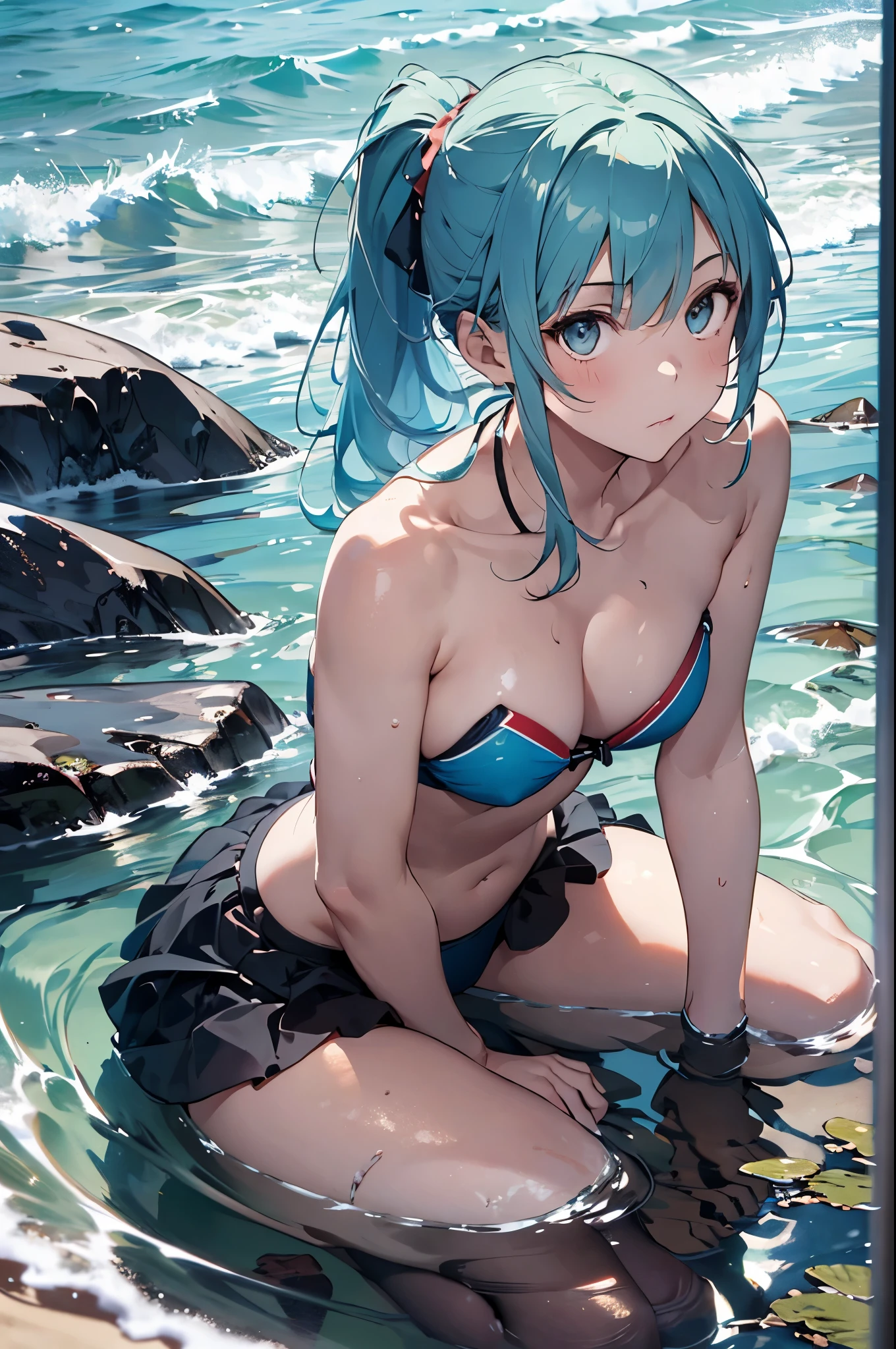 High resolution,topless、
One beautiful young woman,Light blue hair、ponytail、
(Soft Saturation:1.3), (Fair skin:1.2),
(ultra-Detailed Background, Detailed Background), Bokeh,
break'Portrait of a smiling girl.,
When viewed from the front, The composition is symmetrical,
Looking straight at you with serious eyes,
break Swimwear, Red Bikini, Center of chest,
Outdoor, Sea surface, null, sunlight,Summer beach, Sandy Beach,
Strong light, Front lighting,
(Teen:1.3), (Cowboy Shot:1.2),
Front brake angle,
View your audience,
Dynamic pose,
sitting on the beach
Seaweed、Seaweed、Seaweed、Seaweed、Seaweed、Seaweed、Seaweed、