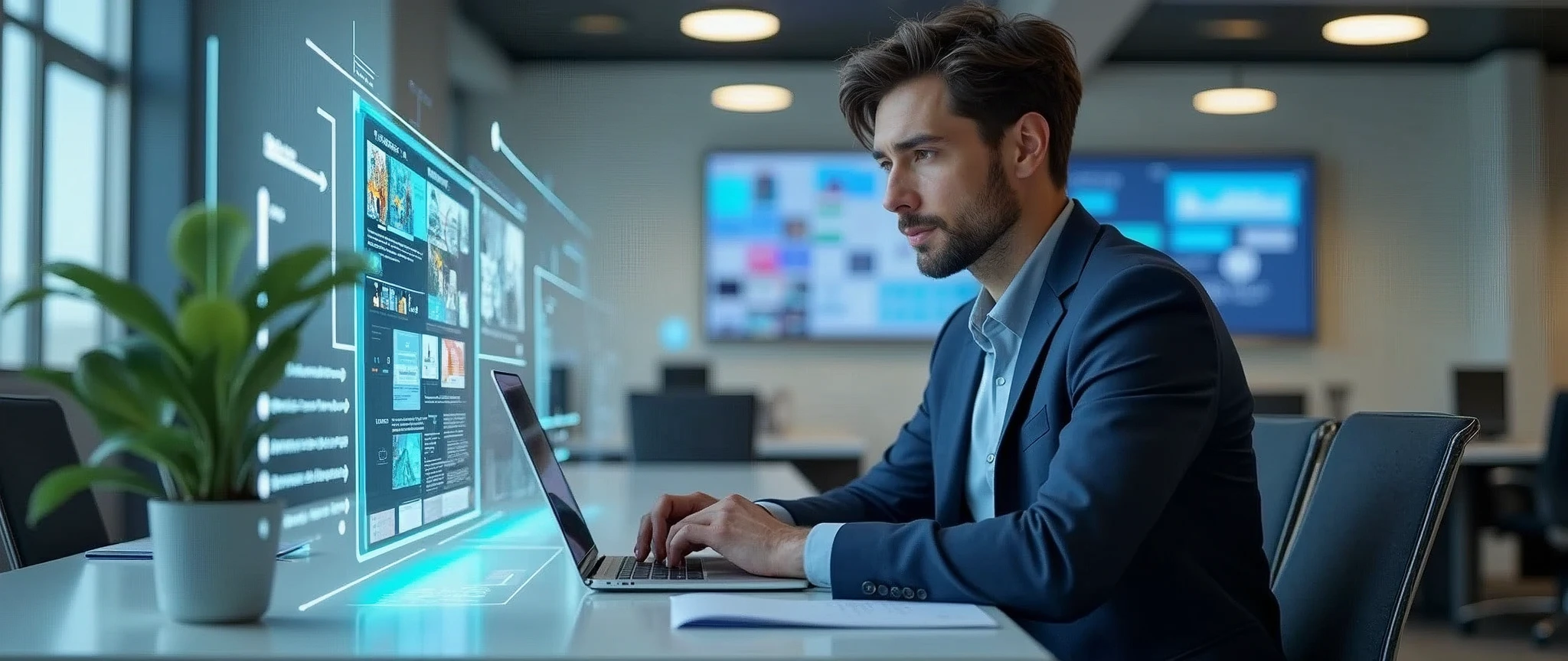 tech-savvy professional, focused men, modern office environment, laptop screen displaying project data, augmented reality social media icons, internet of things concept, connected devices, digital overlay, natural lighting, subtle shadows,