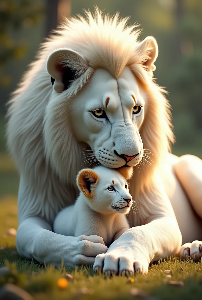 White lion cuddle his cub which has white and amber gold fur