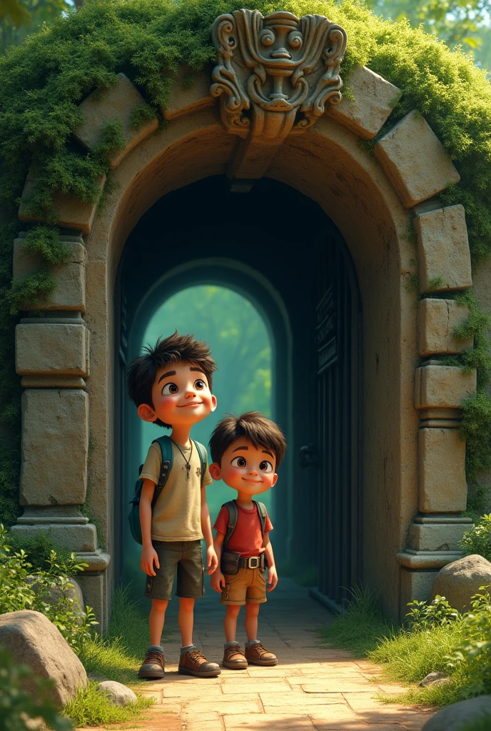 Tomás and Lucas stand near an old, moss-covered entrance to the zoo
