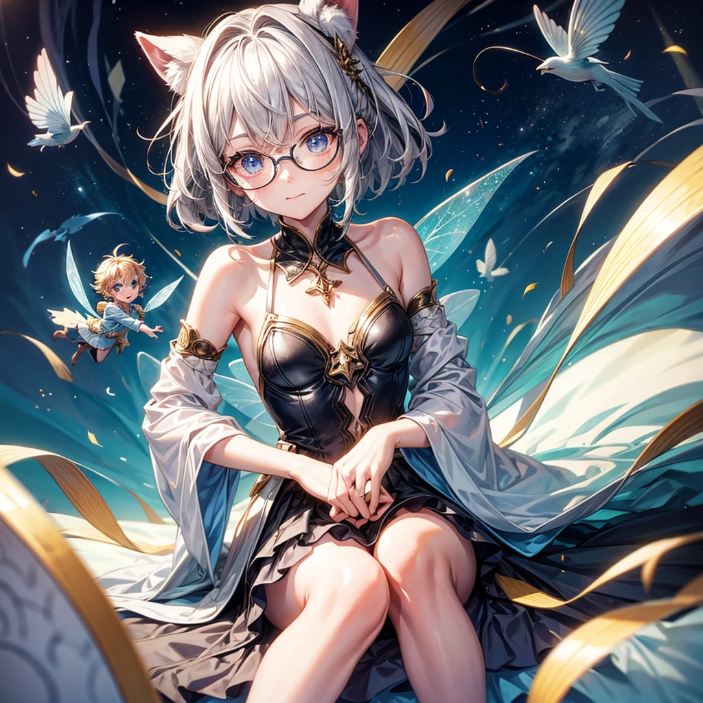 A very small fairy, boy, with short gray hair, freckles, glasses flies next to A human home