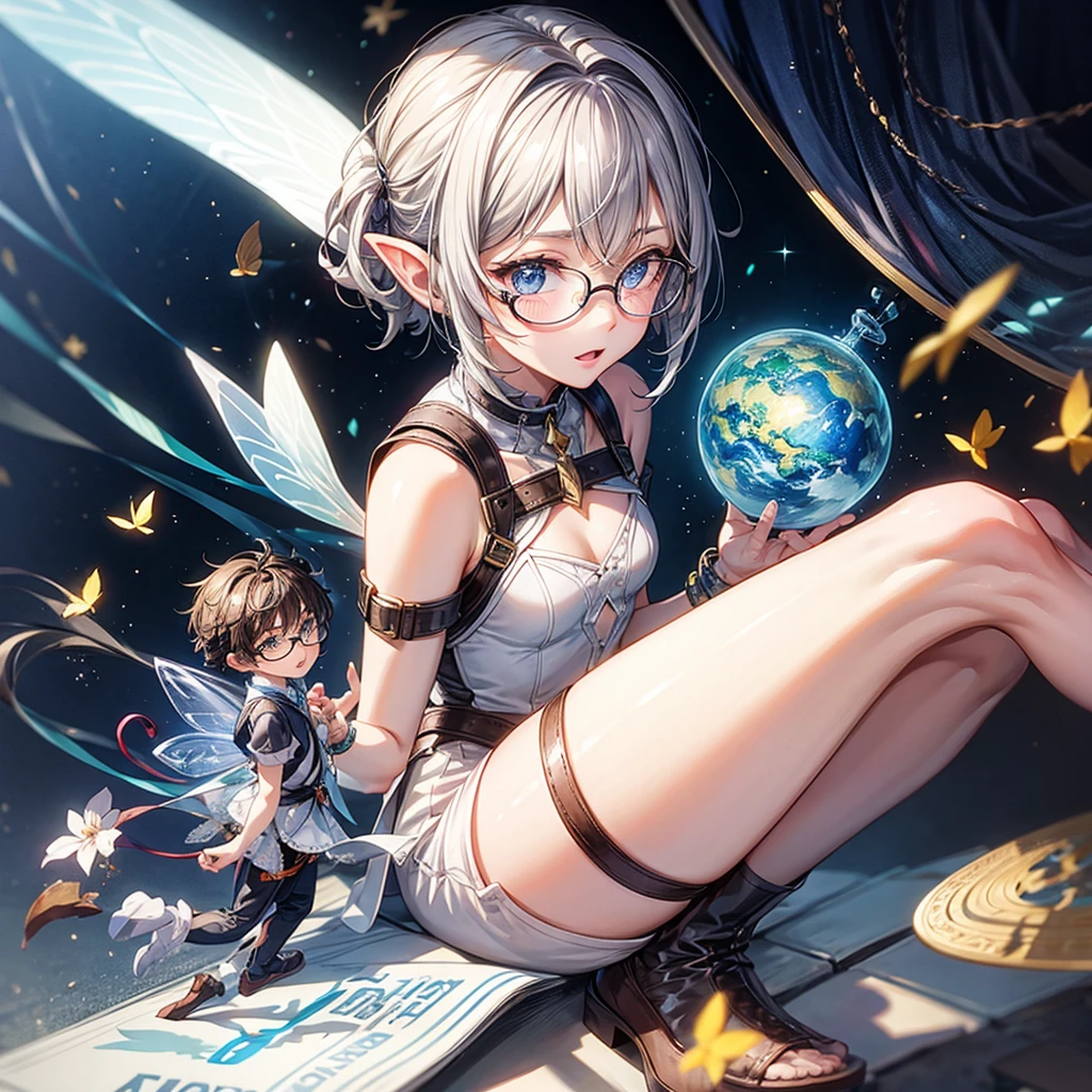 A very small fairy, boy, with short gray hair, freckles, glasses flies next to A human home  