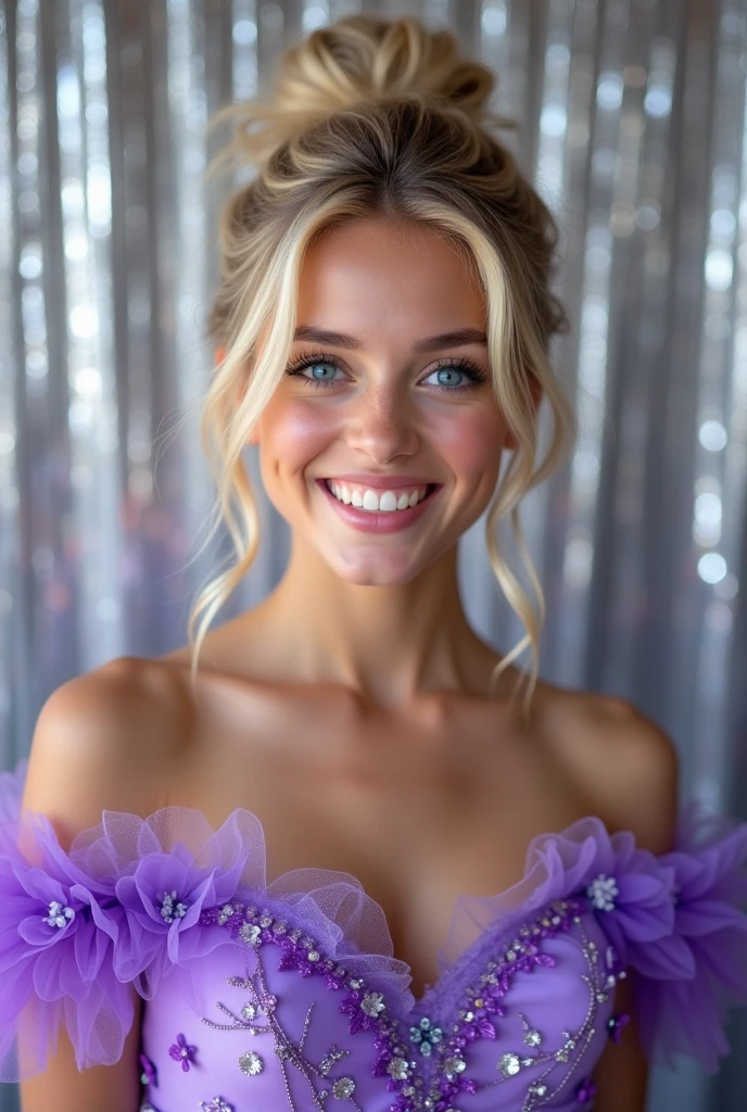 Create a young Brazilian woman in a 15th birthday photo shoot, wearing a purple princess dress, She has fair skin, tied up hair, hair color is blonde and has blue eyes, with a silver image background and glitter