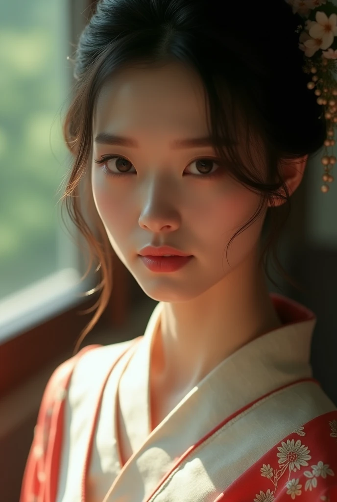 An elegantly dressed Japanese woman in natural light、A close-up of her chest and calm expression.、It shows her inner peace and outer charm.。