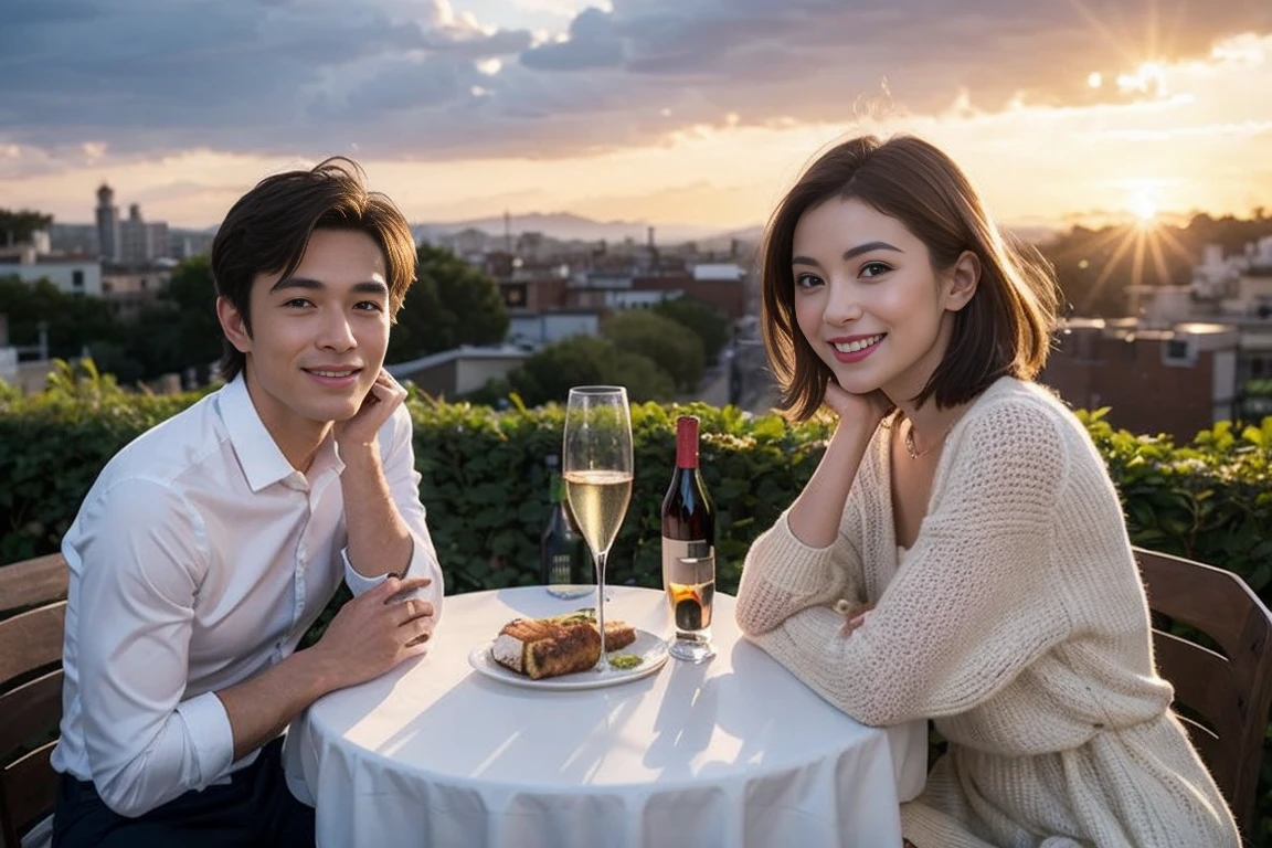 ((Highest quality、8k、masterpiece:1.3))、Slim couple、Model Couple、(Realistic, Intricate details:1.2), full-course dinner、wine 、Amazing view of the sunset sky and clouds、Bright smile、The beauty of a smile、Bright image、wineの美しさ, Beautiful Face, blue eyes, The light shines on your face, blush, short hair,Bright Face、 (Age 35), 38 years old, 赤wine 、Appetizers、Italian food、wine bottle、Champagne、スパークリングwine、Two beauties、Brown Hair、Shortcuts、Long sleeve shirt、dress、Two beautiful women