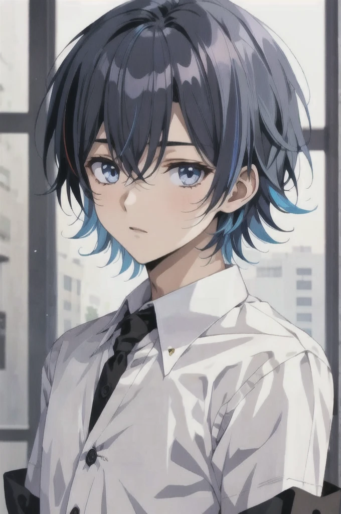 1boy,teenage,short hair,blue hair,unexpressive,multicolored eyes,black shirt, dress shirt