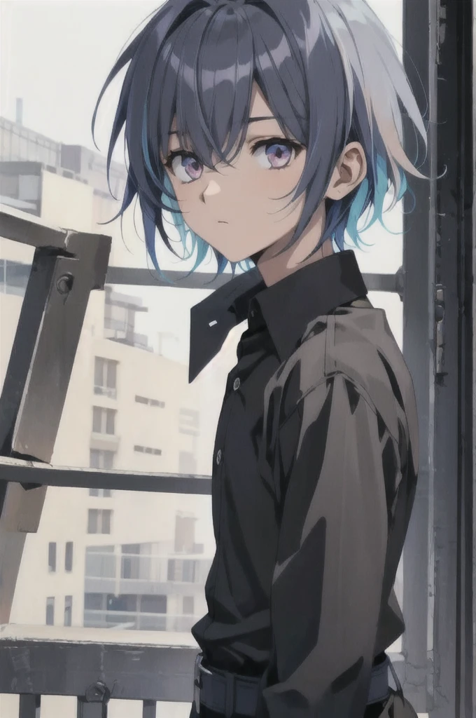 1boy,teenage,short hair,blue hair,unexpressive,multicolored eyes,black shirt, dress shirt