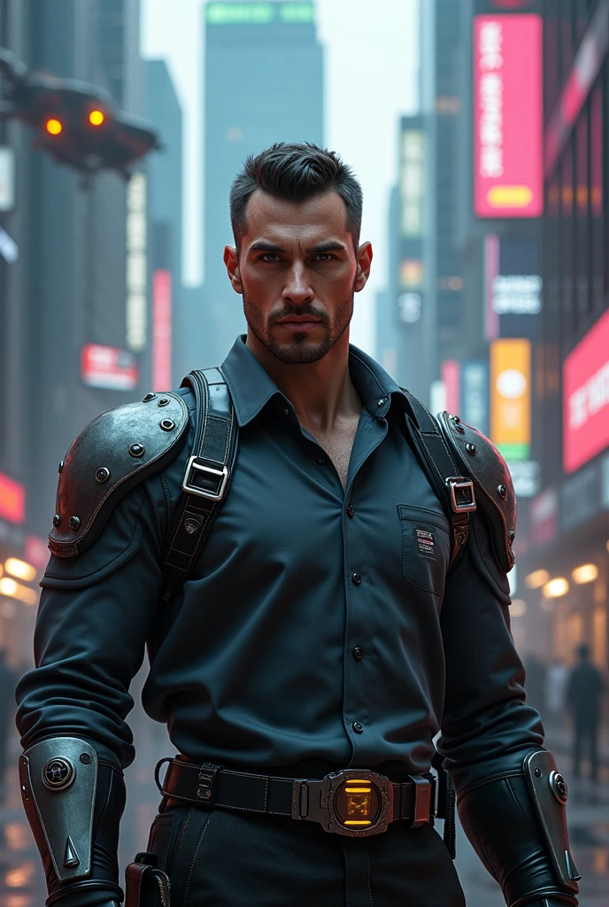 A male civic educational lecturer avatar profile, but make it in cyberpunk world
