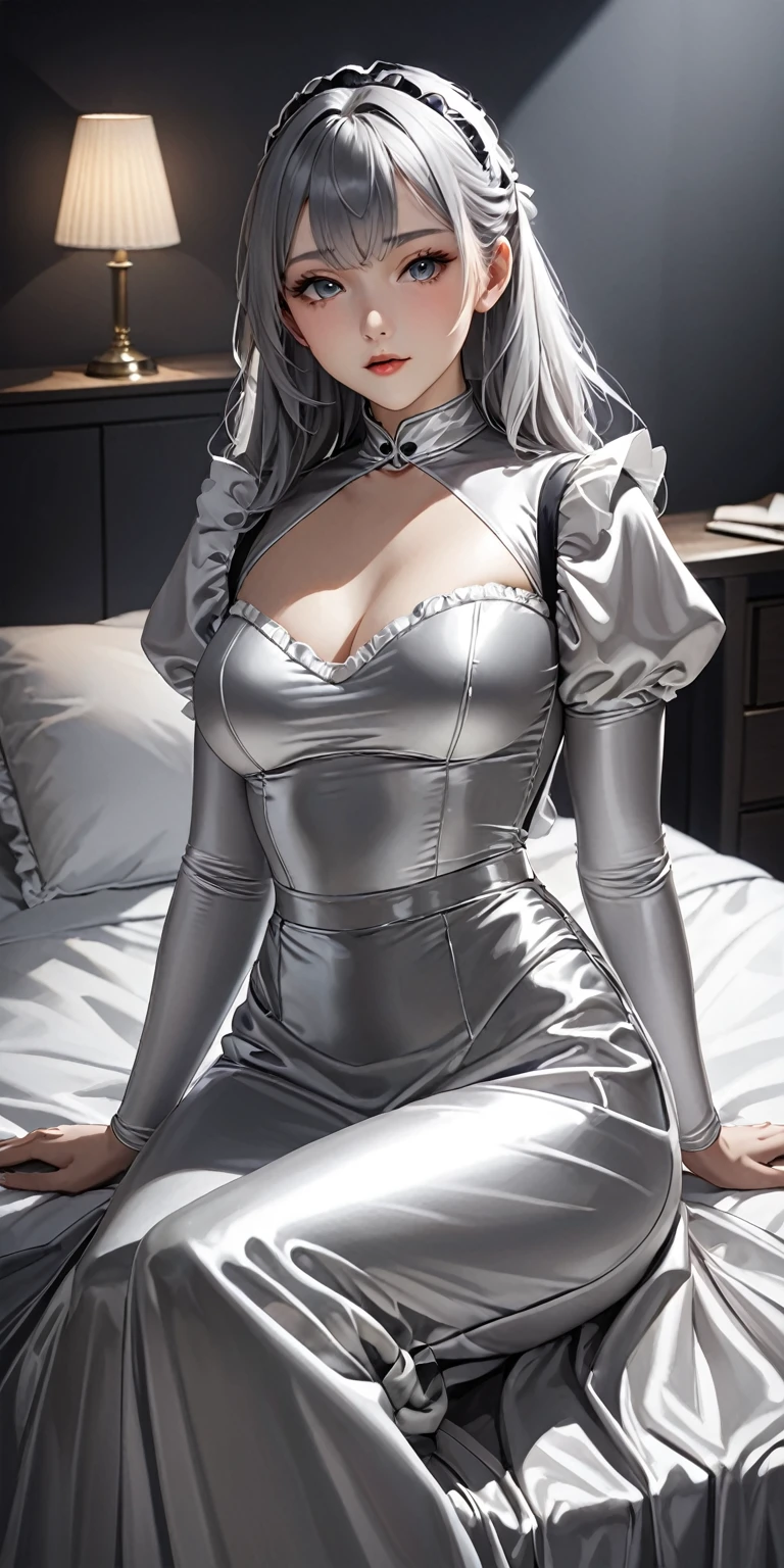 Portraiture、(masterpiece,Highest quality,Ultra-high resolution),Japanese women,breasts are slightly larger、 (((Very beautiful 25 year old girl)))、(She is wearing a shiny light silver satin long sleeve maid outfit)、The dress has a simple design without any patterns.、(((A long skirt made of pale silver satin.)))、Pale silver satin gloves、((Pale silver satin bodysuit))、Sitting on a bed in a dark room、