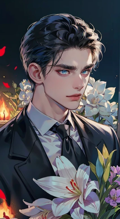((masterpiece)),(((best quality))), (detailed light) (detailed shadow), (high quality, breathtaking),(expressive eyes, perfect face), 1man, solo, male, tall, (mature), board shoulder, muscular, short black Quiff hair with Soft Fringe (bangs part on side 3:7 ratio), blue eyes, no smiling, black suit, black tie, Amaryllis flower background, flower petal flying, windy, look at viewer