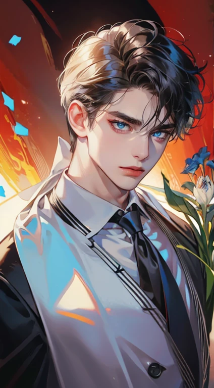 ((masterpiece)),(((best quality))), (detailed light) (detailed shadow), (high quality, breathtaking),(expressive eyes, perfect face), 1man, solo, male, tall, (mature), board shoulder, muscular, short black Quiff hair with Soft Fringe (bangs part on side 3:7 ratio), blue eyes, no smiling, black suit, black tie, Amaryllis flower background, flower petal flying, windy, look at viewer