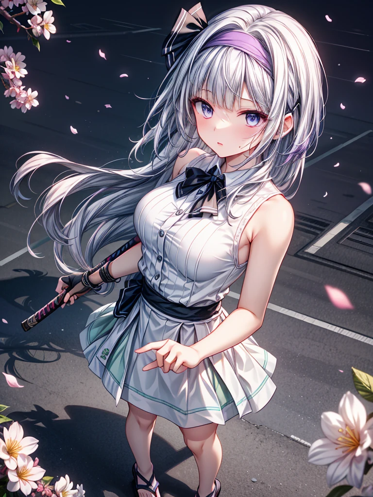 konpaku youmu, konpaku youmu, Oriental Project, Oriental Project, Oriental Project, whole body, Top View, Focus on the eyes, With sword, Sweat drops, girl, teenage girl, Long, disheveled purple hair, Messy Hair, Air Van, Light purple hair, Hair blowing in the wind, ((Purple headband)),Ridiculously long hair, Beautiful Face, ^ ^, Eyes of a deep blue hue, Lips parted, Delicate arms and hands, Large Breasts, Perfect and delicate limbs, Light Skin, Fingerless gloves, Details of super clothes, Sleeveless shirt, White Skirt, Sandals, Skirt fluttering in the wind, The body was cut off, Cool clothes, Falling petals, cherry blossoms, Intricate details, wallpaper 8k CG, Highest quality,