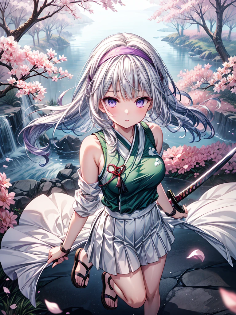 konpaku youmu, konpaku youmu, Oriental Project, Oriental Project, Oriental Project, whole body, Top View, Focus on the eyes, With sword, Sweat drops, girl,  girl, Long, disheveled purple hair, Messy Hair, Air Van, Light purple hair, Hair blowing in the wind, ((Purple headband)),Ridiculously long hair, Beautiful Face, ^ ^, Eyes of a deep blue hue, Lips parted, Delicate arms and hands, Large Breasts, Perfect and delicate limbs,  Light Skin, Fingerless gloves, Details of super clothes, Sleeveless shirt, White Skirt, Sandals, Skirt fluttering in the wind, The body was cut off, Cool clothes, Falling petals, cherry blossoms, Intricate details, wallpaper 8k CG, Highest quality,