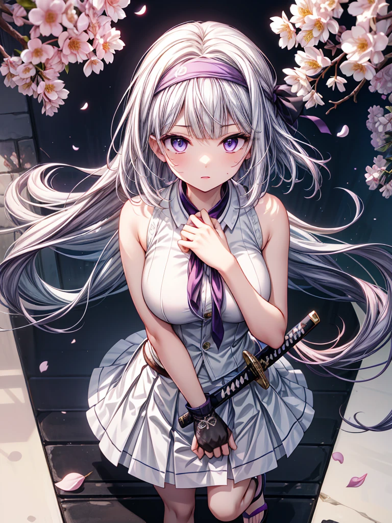 konpaku youmu, konpaku youmu, Oriental Project, Oriental Project, Oriental Project, whole body, Top View, Focus on the eyes, With sword, Sweat drops, girl, teenage girl, Long, disheveled purple hair, Messy Hair, Air Van, Light purple hair, Hair blowing in the wind, ((Purple headband)),Ridiculously long hair, Beautiful Face, ^ ^, Eyes of a deep blue hue, Lips parted, Delicate arms and hands, Large Breasts, Perfect and delicate limbs,  Light Skin, Fingerless gloves, Details of super clothes, Sleeveless shirt, White Skirt, Sandals, Skirt fluttering in the wind, The body was cut off, Cool clothes, Falling petals, cherry blossoms, Intricate details, wallpaper 8k CG, Highest quality,