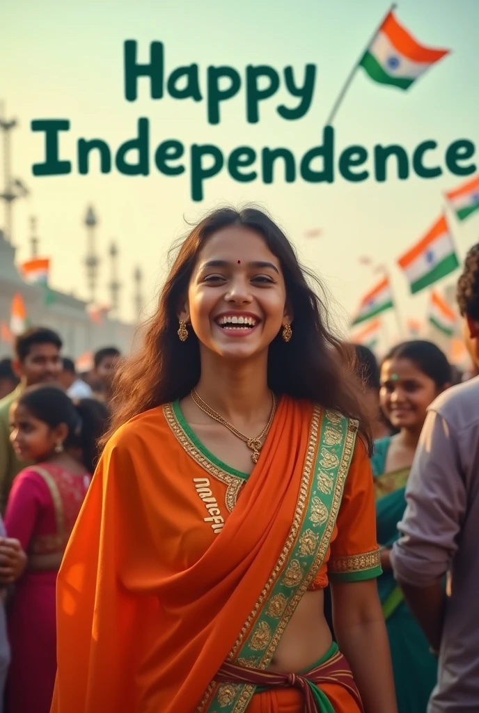 Generate a real-life image of a 21-year-old girl/boy joyfully celebrating Indian Independence Day. The individual is dressed in traditional Indian attire with the name 'shaga.gnaneshwar' prominently displayed on their clothing. The sky above them features the words 'Happy Independence Day' in a bold font. The background is alive with a crowd of people celebrating, creating a vibrant and patriotic atmosphere."