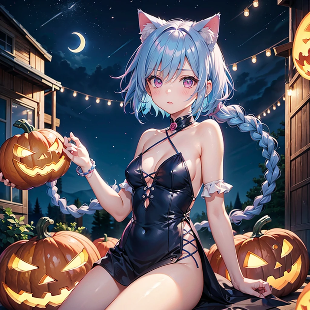 (Sky blue hair),(Braided short hair), (Pink Eyes),Fair skin) ,(whole body),(One Girl),(Crescent Moon),(There are lots of pumpkin ghosts in the background),Cat ear,Cat's Tail,(Sailor suit),(Ahegao),(Fall into Darkness),If you don't give me sweets, I'll play a prank on you.),Halloween Night Party),(masterpiece, Highest quality, Very detailed, Best Shadow), (Detailed Background), (Beautifully detailed face), High Contrast, (Best lighting, Very delicate and beautiful), ((Cinematic Light)), Hyper Detail,8k, Dramatic Light, Intricate details,night,(Bats flying in the background),Pumpkin handbag,There are sweets in the bag,High quality