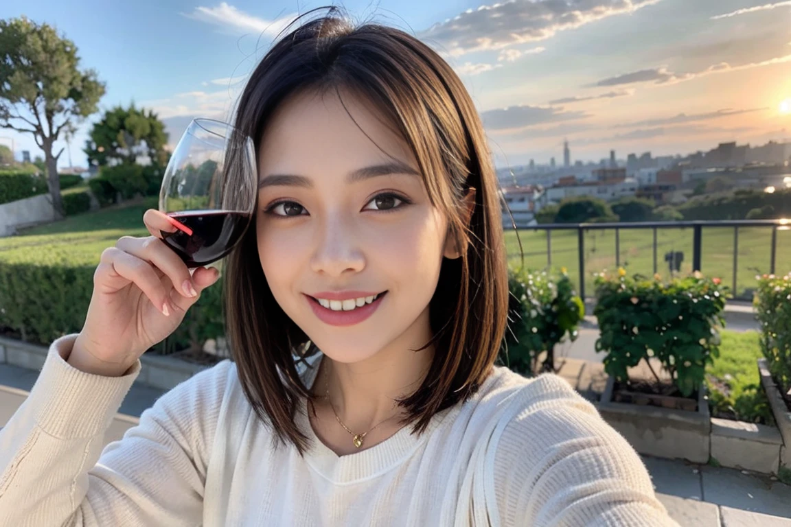 （Realistic:1.1）,(masterpiece,Highest quality)，8k,(49 years old), 53 years old, ベリーslimボディ、slimカップル、Tight waist,Upper Body,full-course dinner、wine 、Amazing view of the sunset sky and clouds、Perfect Anatomy, Brown Hair, short hair,Random Hairstyles,((Highly detailed face and eyes:1.2))，Perfect golden ratio face，Long sleeve shirt、dress,(smile:1.2)、Shortcuts、cute、(Realistic, Intricate details:1.2), A bright smile、short hair,Bright Face、赤wine 、Appetizers、Italian food、wine bottle、Champagne、スパークリングwine、(slimな顔), (The body is slim), (Brown Hair), (Shortcuts),  Upper Body, 白wine, slim, wineグラス, 