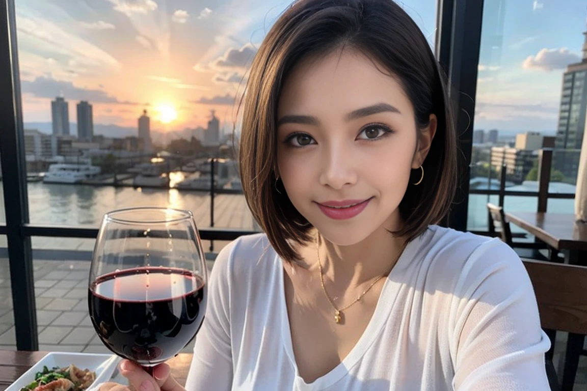 (Realistic:1.1),(masterpiece,Highest quality),8k,(49 years old), 53 years old, ベリーslimボディ、slimカップル、Tight waist,Upper Body,full-course dinner、wine 、Amazing view of the sunset sky and clouds、Perfect Anatomy, Brown Hair, short hair,Random Hairstyles,((Highly detailed face and eyes:1.2)),Perfect golden ratio face,Long sleeve shirt、dress,(smile:1.2)、Shortcuts、cute、(Realistic, Intricate details:1.2), A bright smile、short hair,Bright Face、赤wine 、Appetizers、Italian food、wine bottle、Champagne、スパークリングwine、(slimな顔), (The body is slim), (Brown Hair), (Shortcuts), Upper Body, 白wine, slim, wineグラス,