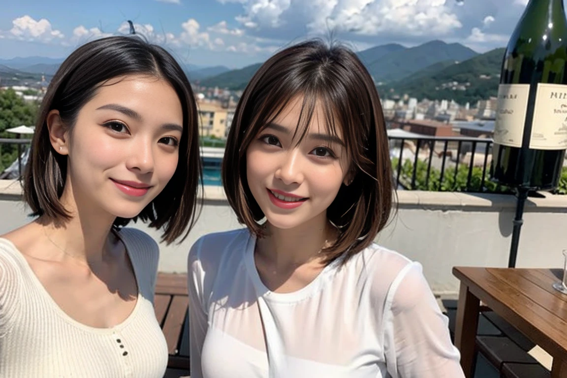 (Realistic:1.1),(masterpiece,Highest quality),8k,(49 years old), 53 years old, ベリーslimボディ、slimカップル、Tight waist,Upper Body,full-course dinner、wine 、Amazing view of the sunset sky and clouds、Perfect ???????, Brown Hair, short hair,Random Hairstyles,((Highly detailed face and eyes:1.2)),Perfect golden ratio face,Long sleeve shirt、dress,(smile:1.2)、Shortcuts、cute、(Realistic, Intricate details:1.2), A bright smile、short hair,Bright Face、赤wine 、Appetizers、Italian food、wine bottle、Champagne、スパークリングwine、(slimな顔), (The body is slim), (Brown Hair), (Shortcuts), Upper Body, 白wine, slim, wineグラス,