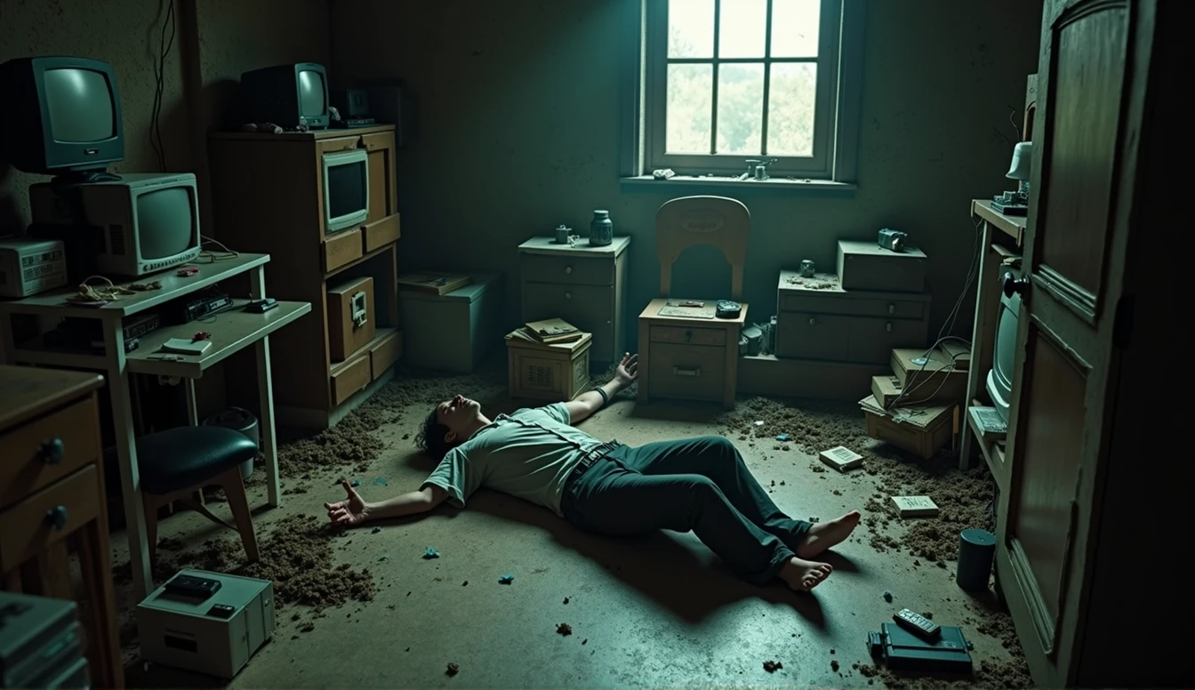 a man lying on the floor of his room, hakikomori room design, underground, lots of items, dirty, dark light, super detailing, cinematic light, Wong kar-vai style