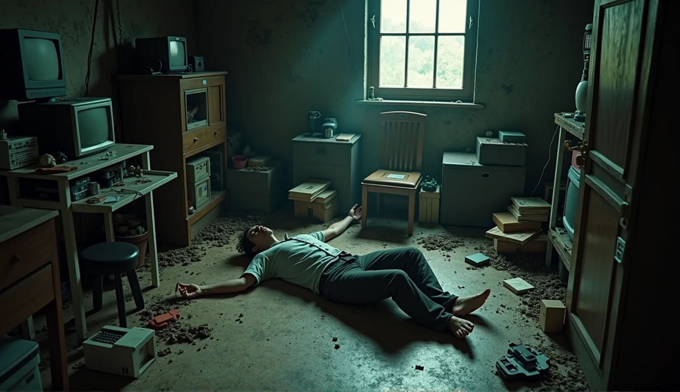 a man lying on the floor of his room, hakikomori room design, underground, lots of items, dirty, dark light, super detailing, cinematic light, Wong kar-vai style