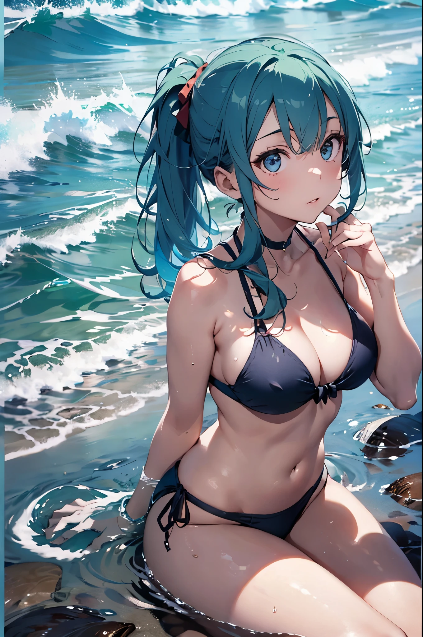 High resolution,topless、
One beautiful young woman,Light blue hair、ponytail、
(Soft Saturation:1.3), (Fair skin:1.2),
(ultra-Detailed Background, Detailed Background), Bokeh,
break&#39;Portrait of a smiling girl.,
When viewed from the front, The composition is symmetrical,
Looking straight at you with serious eyes,
break Swimwear, Red Bikini, Center of chest, 
Outdoor, Sea surface, null, sunlight,Summer beach, Sandy Beach,
Strong light, Front lighting, 
(Teen:1.3), (Cowboy Shot:1.2),
Front brake angle,
View your audience,
Dynamic pose,
sitting on the beach

Seaweed、Seaweed、Seaweed、Seaweed、Seaweed、Seaweed、Seaweed、