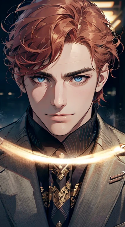 (best quality,4k,8k,highres,masterpiece:1.2),ultra-detailed,(realistic,photorealistic,photo-realistic:1.37),1 man,31 years old,mature man,very handsome,without expression,smile,short red white hair,blue eyes,penetrating gaze,perfect face without errors,imposing posture,businessman,office background,cinematic lighting,hdr image