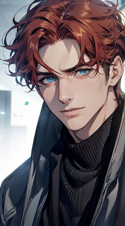 (best quality,4k,8k,highres,masterpiece:1.2),ultra-detailed,(realistic,photorealistic,photo-realistic:1.37),1 man,31 years old,mature man,very handsome,without expression,smile,short red white hair,blue eyes,penetrating gaze,perfect face without errors,imposing posture,businessman,office background,cinematic lighting,hdr image