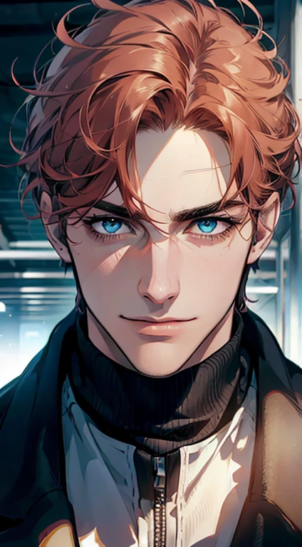 (best quality,4k,8k,highres,masterpiece:1.2),ultra-detailed,(realistic,photorealistic,photo-realistic:1.37),1 man,31 years old,mature man,very handsome,without expression,smile,short red white hair,blue eyes,penetrating gaze,perfect face without errors,imposing posture,businessman,office background,cinematic lighting,hdr image