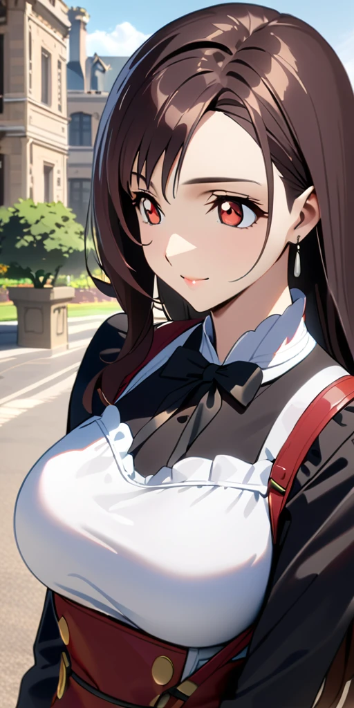 (((((tifa lockhart:1.5))))),((Highest quality、masterpiece、anime style、best quality、high resolution、8k、detailed、ultra-detailed:1.3))、Long legs:1.2, Beautiful woman with perfect figure:1.4、(Smiling:1.2), double eyelid、30-year-old female、((((One Woman,beautiful face,Beautiful face、Outdoor,upper body:1.5)))),Big Breasts、High resolution, accurate, Anatomically correct, High-resolution model, high quality, Very detailed, Ultra high definition、Black Hair、Straight Hair、Long Hair、swimwear、maidコスチューム、Mansion、maid、maidユニフォーム