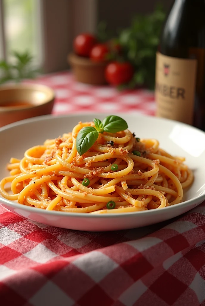 A plate of pasta on a table with a red and white cloth