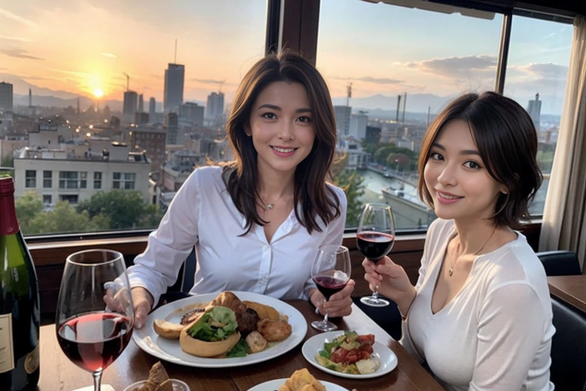 (Realistic:1.1),(masterpiece,Highest quality),8k,(49 years old), 53 years old, ベリーslimボディ、slimカップル、Tight waist,Upper Body,full-course dinner、wine 、Amazing view of the sunset sky and clouds、Perfect Anatomy, Brown Hair, short hair,Random Hairstyles,((Highly detailed face and eyes:1.2)),Perfect golden ratio face,Long sleeve shirt、dress,(smile:1.2)、Shortcuts、cute、(Realistic, Intricate details:1.2), A bright smile、short hair,Bright Face、赤wine 、Appetizers、Italian food、wine bottle、Champagne、スパークリングwine、(slimな顔), (The body is slim), (Brown Hair), (Shortcuts), Upper Body, 白wine, slim, wineグラス,