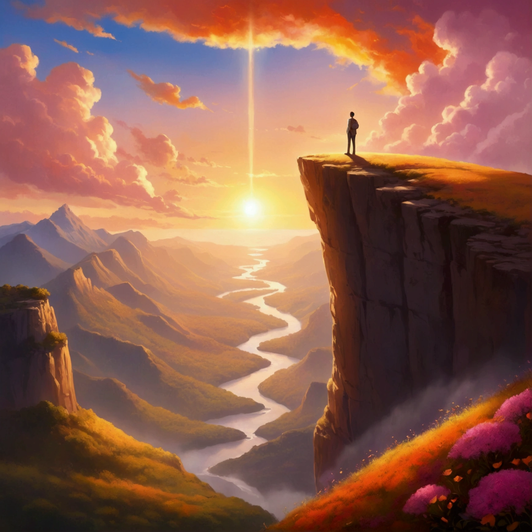 Prompt:
"Create an inspiring and vibrant illustration titled 'Visualize to Achieve Success.' The image should depict a person standing at the edge of a cliff, gazing out at a breathtaking sunrise over a vast landscape filled with mountains and valleys. The sky should be painted in warm hues of orange, pink, and gold, symbolizing hope and new beginnings. Surround the person with ethereal, glowing symbols of success such as trophies, books, and pathways leading to various achievements. The overall mood should evoke feelings of determination, ambition, and the power of visualization in achieving one's dreams." Feel free to adjust any elements to better fit your vision!