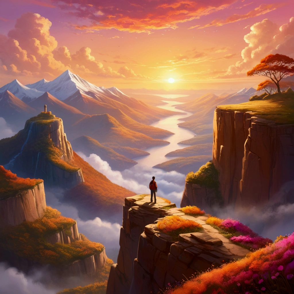 Prompt:
"Create an inspiring and vibrant illustration titled 'Visualize to Achieve Success.' The image should depict a person standing at the edge of a cliff, gazing out at a breathtaking sunrise over a vast landscape filled with mountains and valleys. The sky should be painted in warm hues of orange, pink, and gold, symbolizing hope and new beginnings. Surround the person with ethereal, glowing symbols of success such as trophies, books, and pathways leading to various achievements. The overall mood should evoke feelings of determination, ambition, and the power of visualization in achieving one's dreams." Feel free to adjust any elements to better fit your vision!